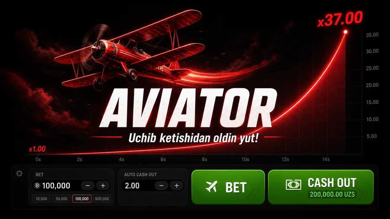 Aviator crash game asosiy ekrani — samolyot va koeffitsient ko'rsatkichi